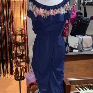 NWOT Max Edition Sz S navy Floral Embroidered Off-Shoulder pant one piece